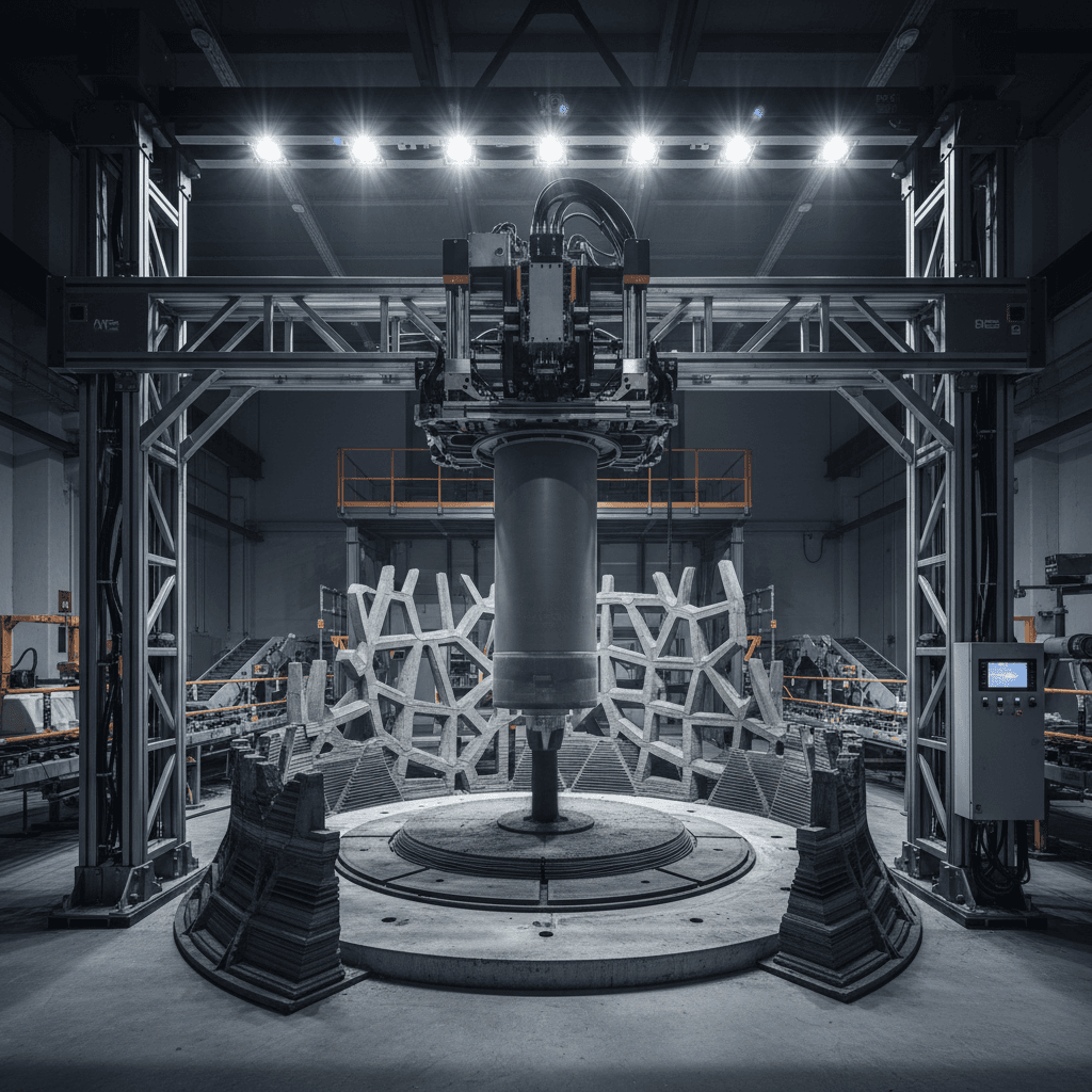 3D printer constructing concrete wall structure in industrial facility