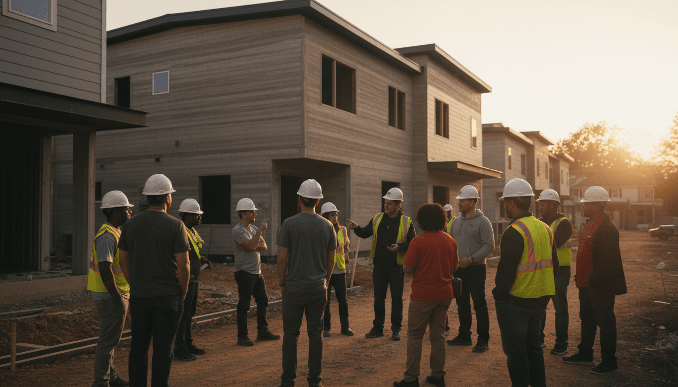 3D-printed residential building under construction in Atlanta with community members and workers observing the innovative project