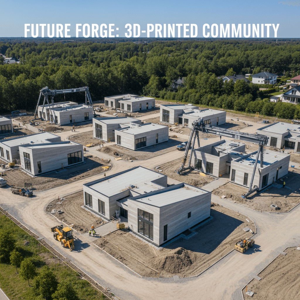 Aerial view of 3D-printed residential development project showing multiple homes and equipment