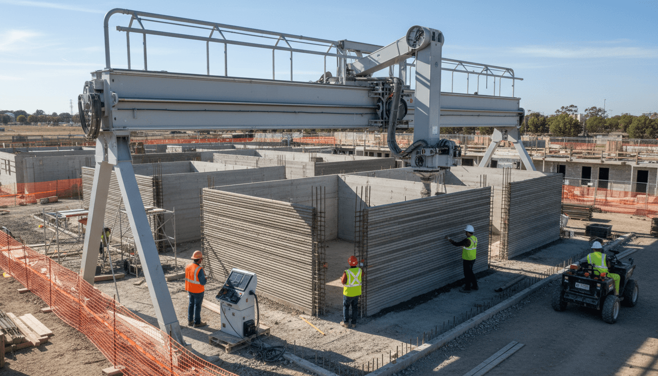 3D printer constructing a concrete wall on housing development site