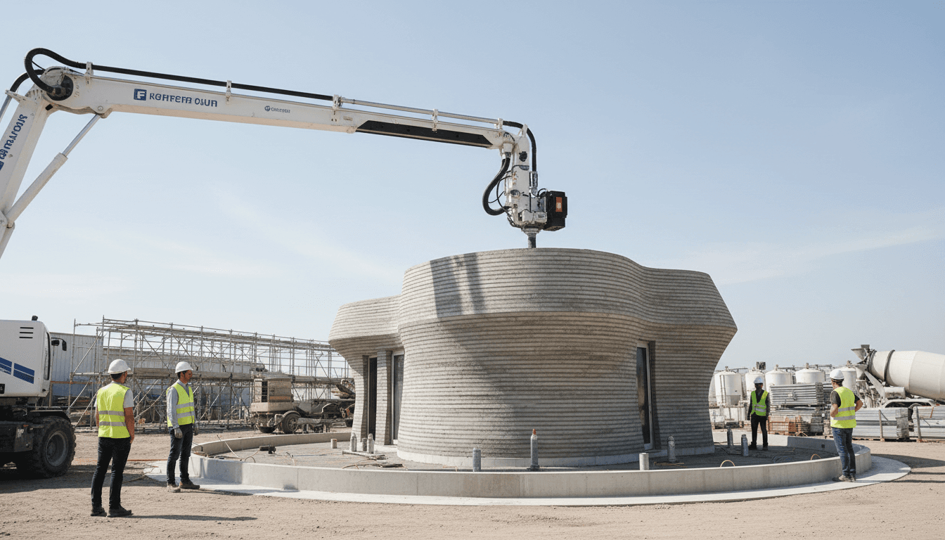 3D concrete printer building a residential wall on construction site